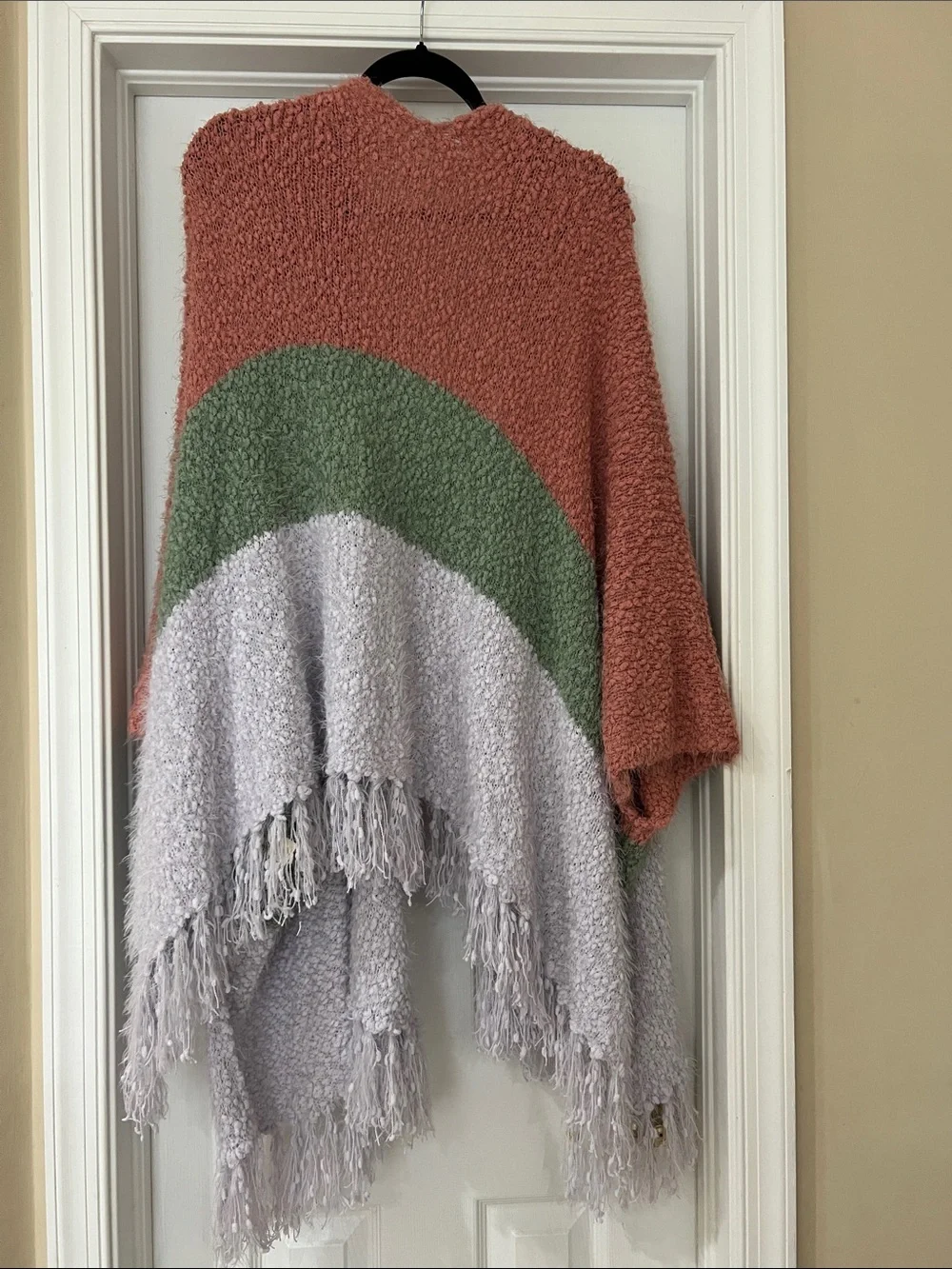 Matilda Jane Colorblock Fringe Shawl in Coral, Sage & Light Gray